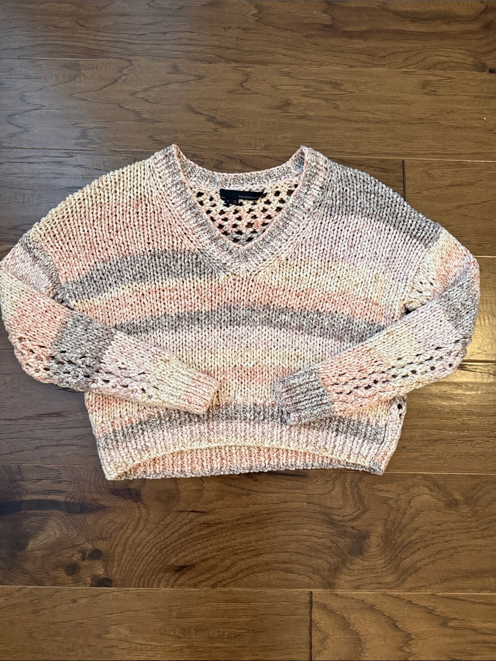 360 Sweater Striped Pink/Grey Chunky Open Knit V-Neck Cropped Pullover